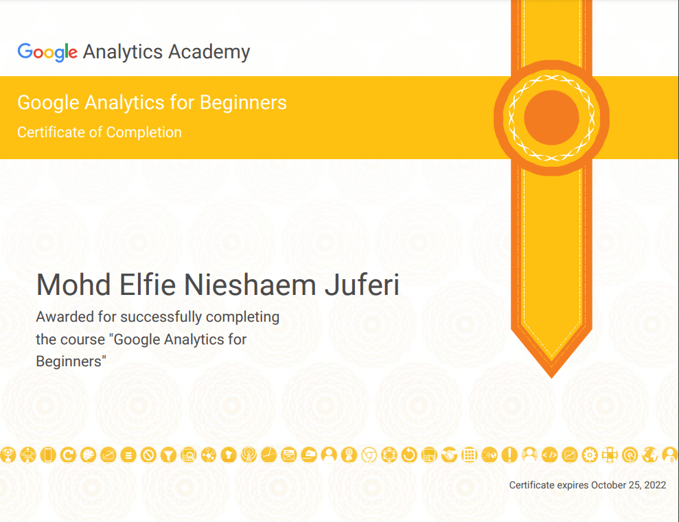 mohd elfie nieshaem juferi Google Analytics for Beginners certificate seo skills resume